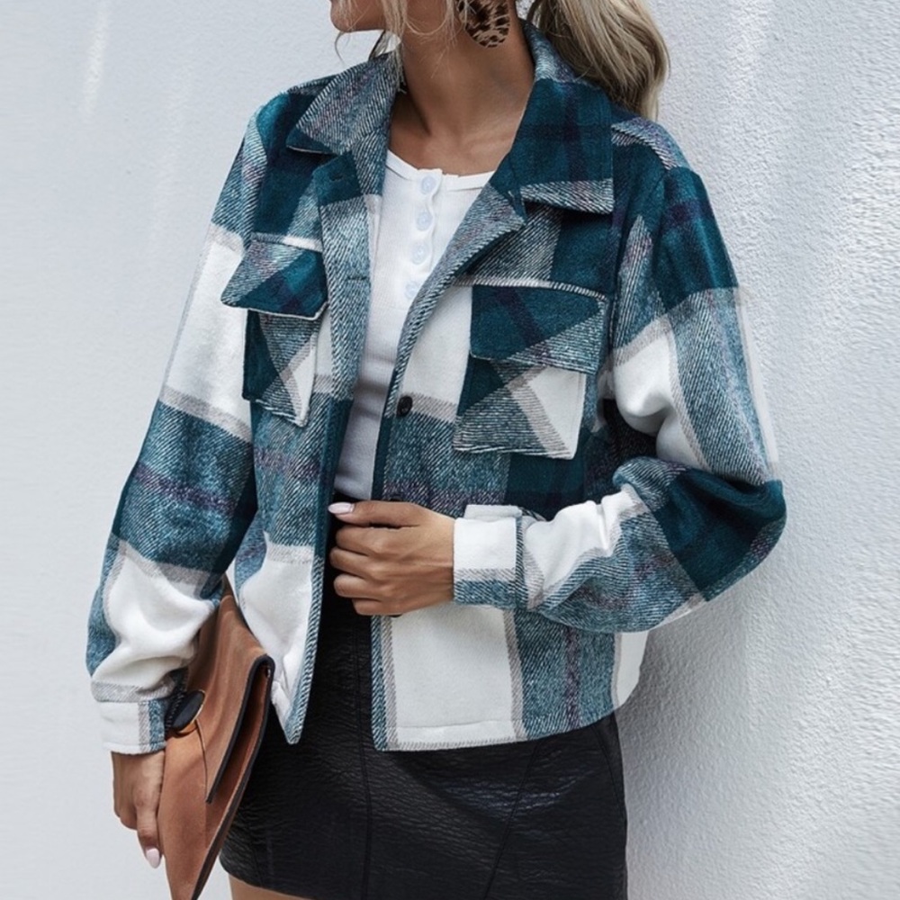 Boho plaid blue  oversized pocket detail button up jacket shachet - Picture 3 of 8
